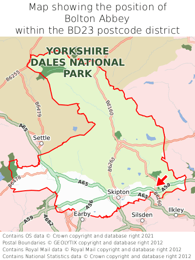 Map showing location of Bolton Abbey within BD23