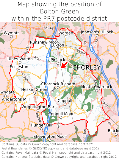 Map showing location of Bolton Green within PR7