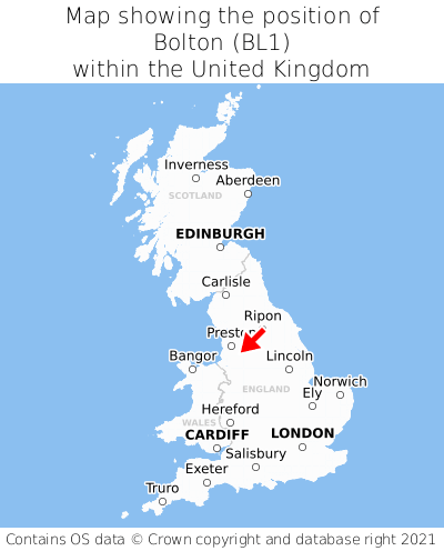 Map showing location of Bolton within the UK