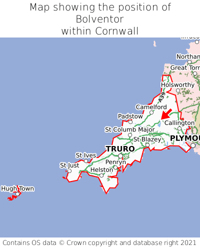 Map showing location of Bolventor within Cornwall