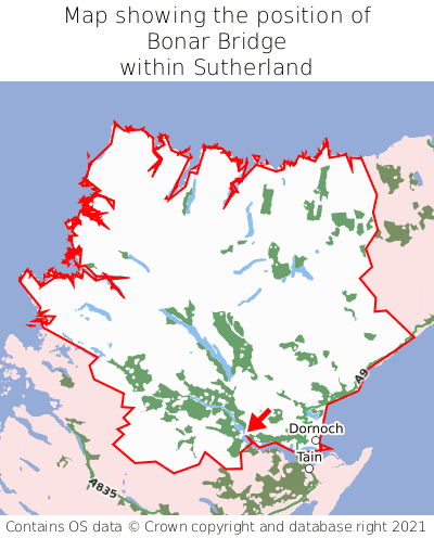 Map showing location of Bonar Bridge within Sutherland