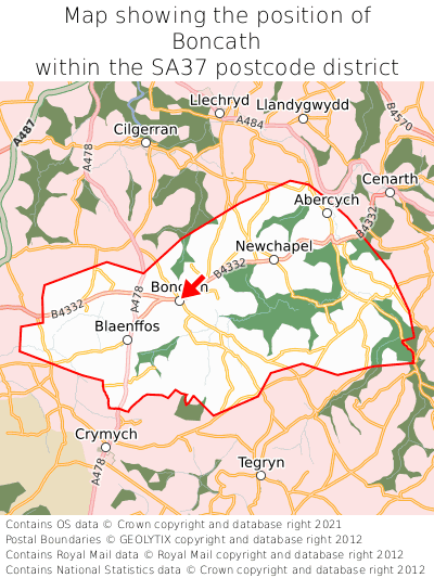 Map showing location of Boncath within SA37