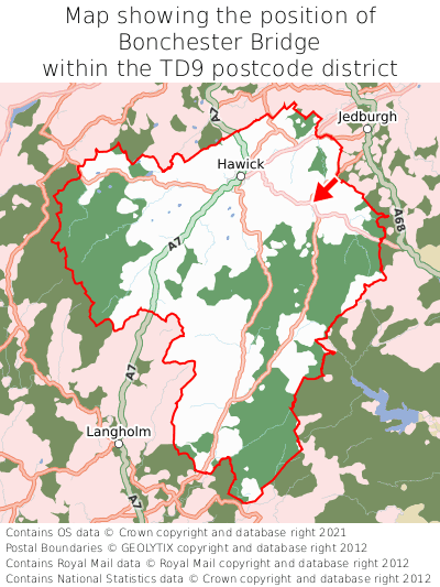 Map showing location of Bonchester Bridge within TD9