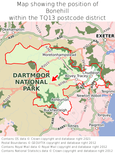 Map showing location of Bonehill within TQ13