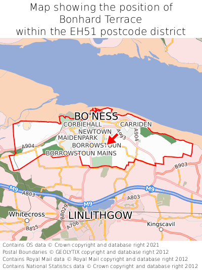 Map showing location of Bonhard Terrace within EH51