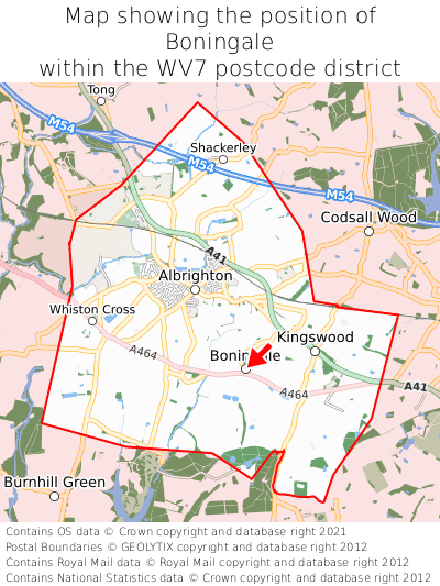 Map showing location of Boningale within WV7