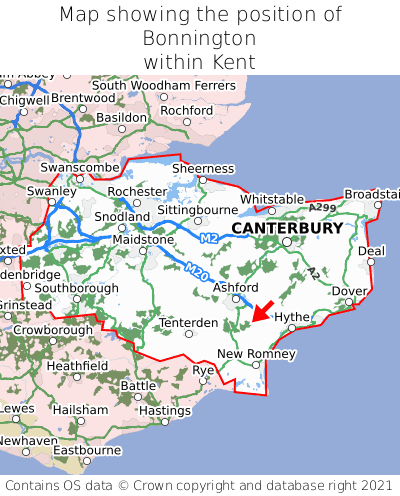 Map showing location of Bonnington within Kent