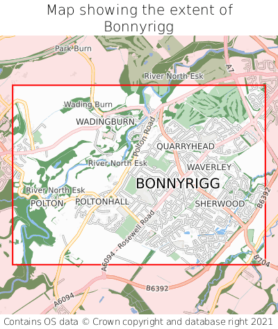 Map showing extent of Bonnyrigg as bounding box