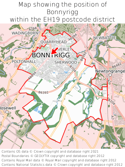 Map showing location of Bonnyrigg within EH19