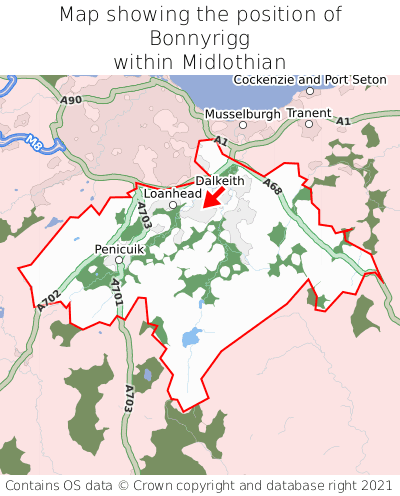 Map showing location of Bonnyrigg within Midlothian