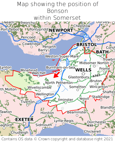 Map showing location of Bonson within Somerset