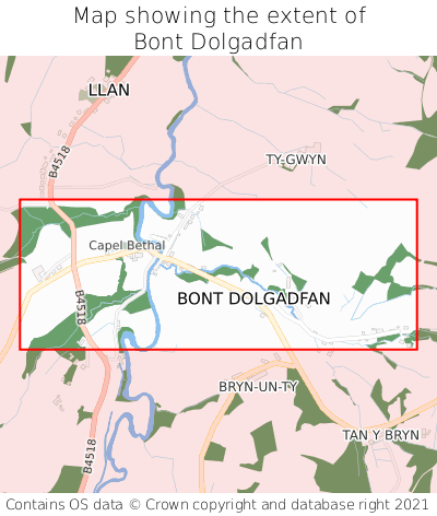 Map showing extent of Bont Dolgadfan as bounding box