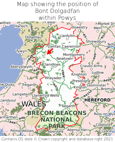 Map showing location of Bont Dolgadfan within Powys