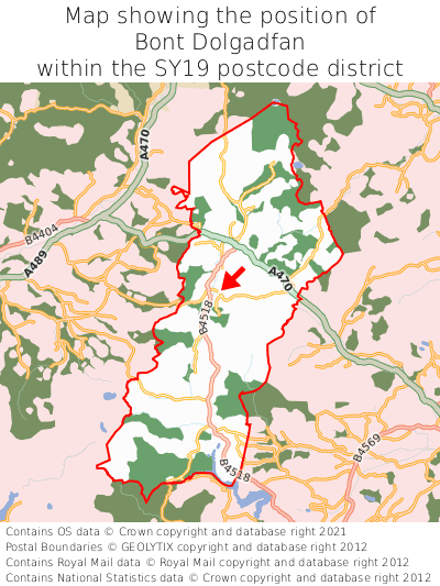 Map showing location of Bont Dolgadfan within SY19