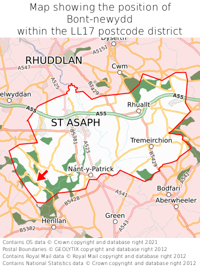 Map showing location of Bont-newydd within LL17