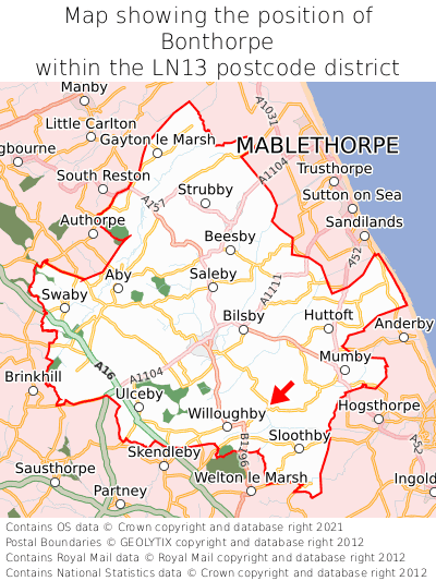 Map showing location of Bonthorpe within LN13