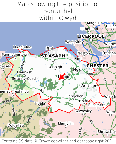 Map showing location of Bontuchel within Clwyd