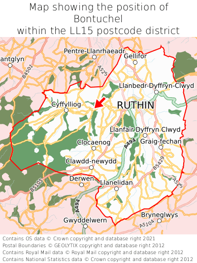 Map showing location of Bontuchel within LL15