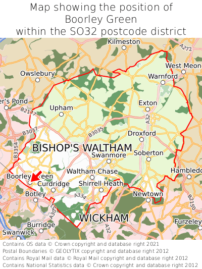 Map showing location of Boorley Green within SO32