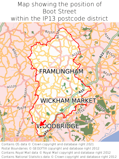 Map showing location of Boot Street within IP13
