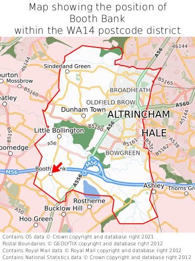 Map showing location of Booth Bank within WA14