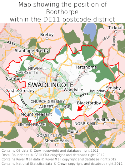 Map showing location of Boothorpe within DE11