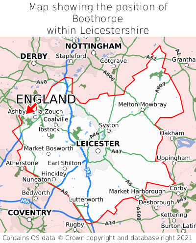 Map showing location of Boothorpe within Leicestershire