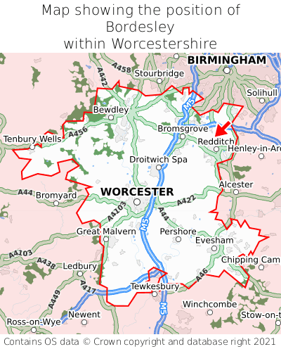 Map showing location of Bordesley within Worcestershire