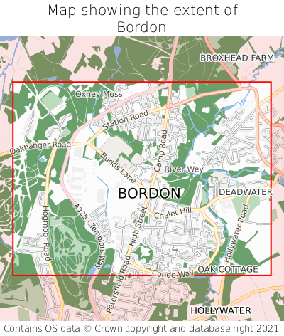 Map showing extent of Bordon as bounding box