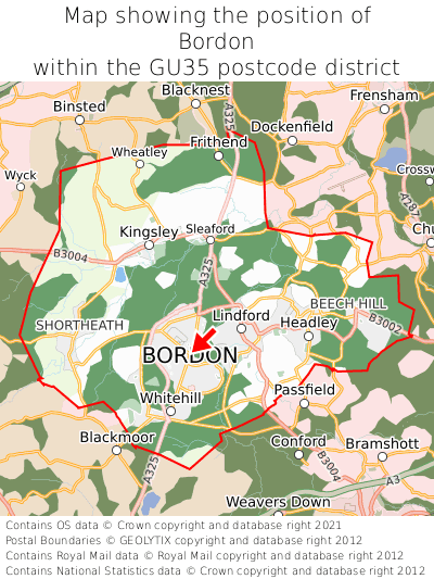 Map showing location of Bordon within GU35