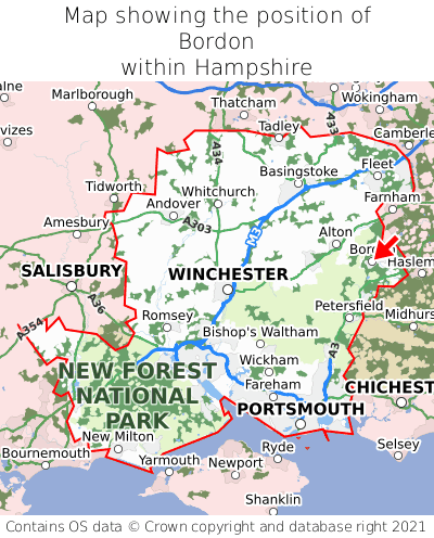Map showing location of Bordon within Hampshire