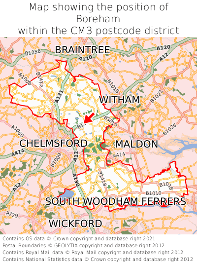 Map showing location of Boreham within CM3