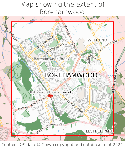 Map showing extent of Borehamwood as bounding box