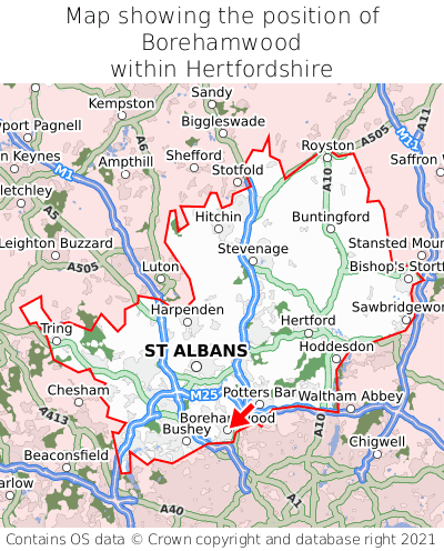 Map showing location of Borehamwood within Hertfordshire