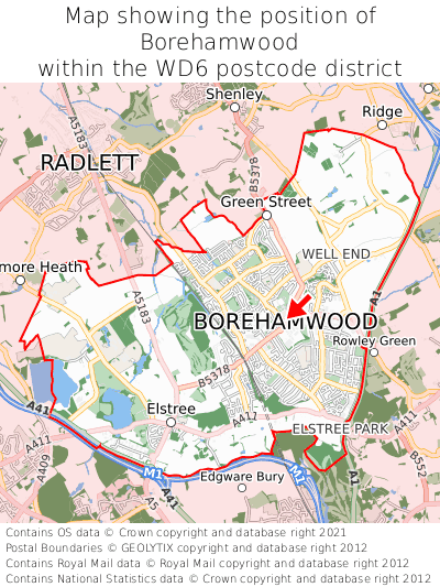 Map showing location of Borehamwood within WD6