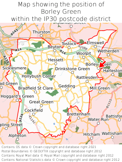 Map showing location of Borley Green within IP30