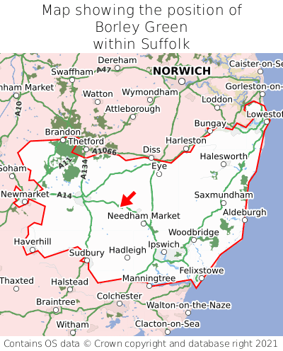 Map showing location of Borley Green within Suffolk