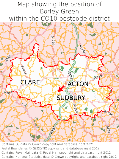 Map showing location of Borley Green within CO10