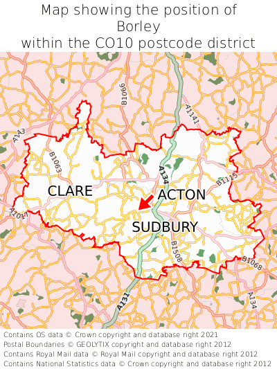 Map showing location of Borley within CO10