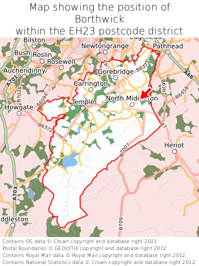 Map showing location of Borthwick within EH23