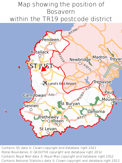 Map showing location of Bosavern within TR19