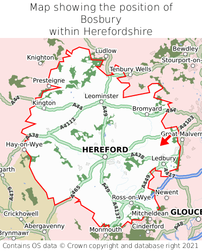 Map showing location of Bosbury within Herefordshire
