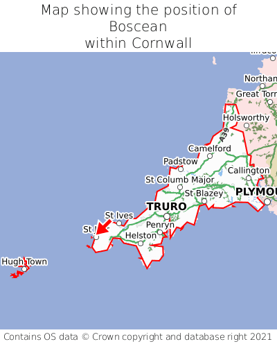 Map showing location of Boscean within Cornwall