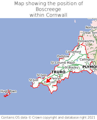 Map showing location of Boscreege within Cornwall