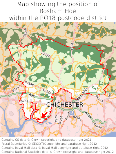Map showing location of Bosham Hoe within PO18