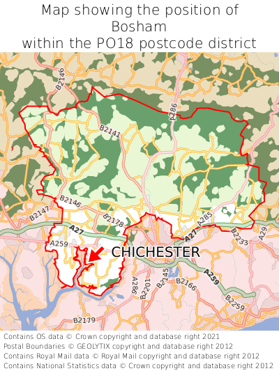 Map showing location of Bosham within PO18