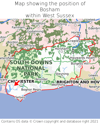 Map showing location of Bosham within West Sussex