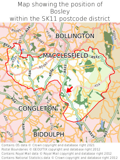 Map showing location of Bosley within SK11