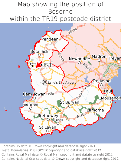 Map showing location of Bosorne within TR19