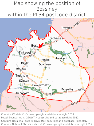 Map showing location of Bossiney within PL34